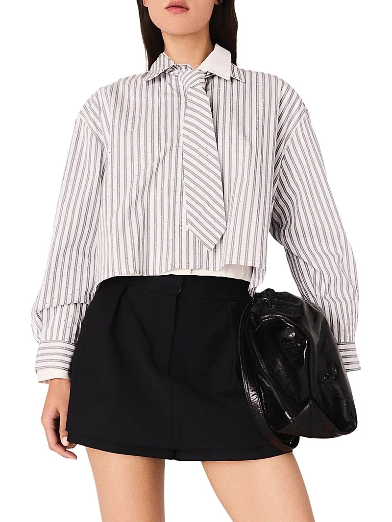 Striped Rhinestone Shirt with Tie