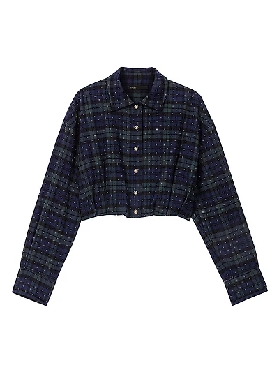 Checked Rhinestone Cropped Shirt
