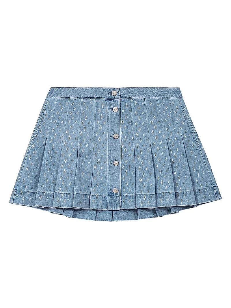 Short Pleated Denim Skirt with Strass