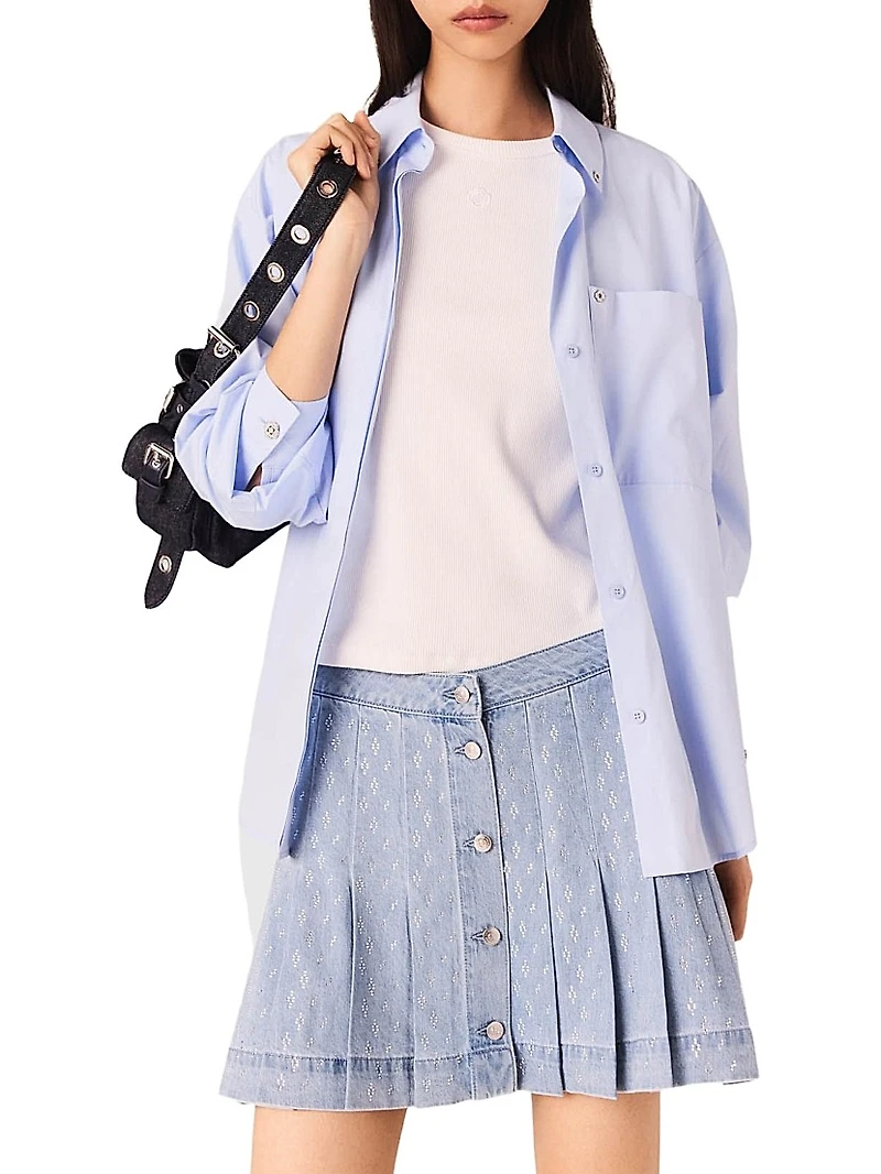 Short Pleated Denim Skirt with Strass