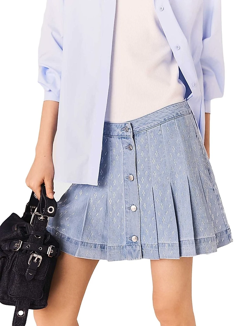 Short Pleated Denim Skirt with Strass