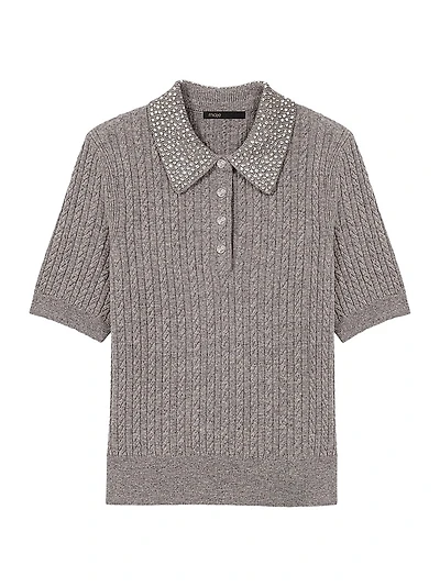 Wool Polo Shirt with Rhinestone Collar