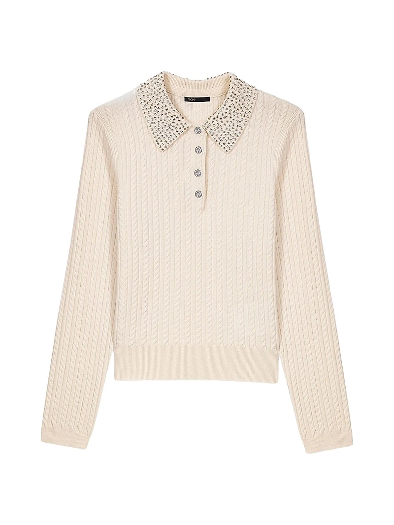 Knit Polo Shirt with Rhinestone Collar