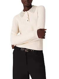 Knit Polo Shirt with Rhinestone Collar