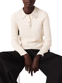 Knit Polo Shirt with Rhinestone Collar