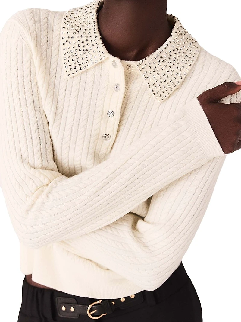 Knit Polo Shirt with Rhinestone Collar