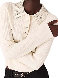 Knit Polo Shirt with Rhinestone Collar