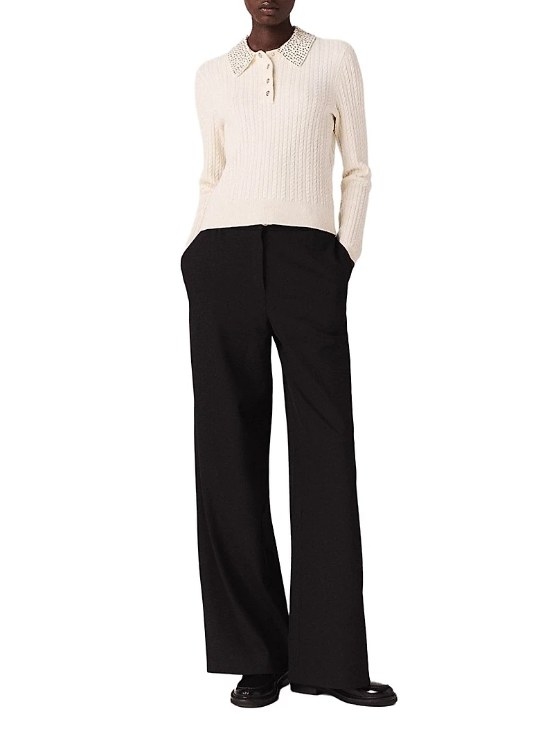 Knit Polo Shirt with Rhinestone Collar