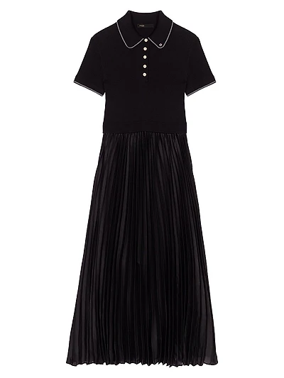 Pleated maxi dress with polo collar