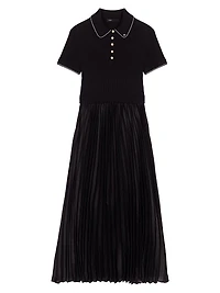 Pleated maxi dress with polo collar