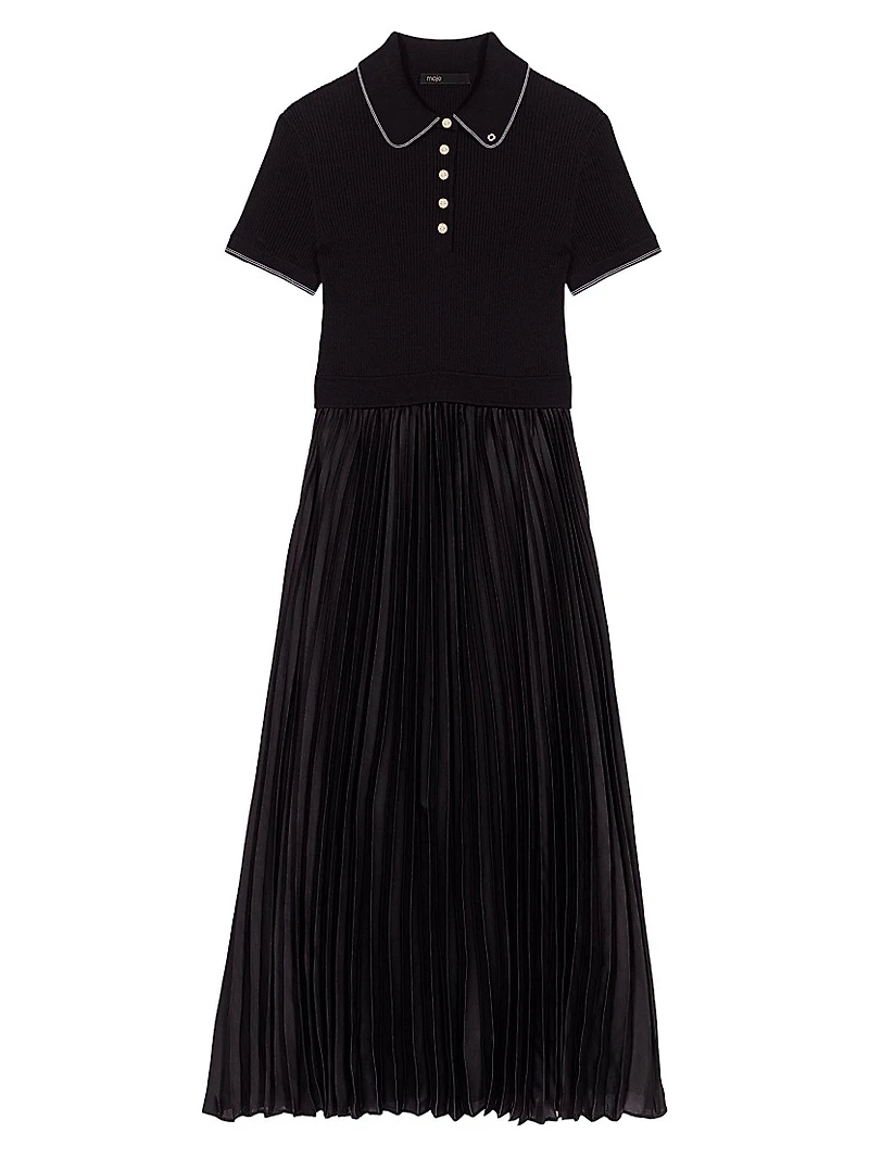 Pleated maxi dress with polo collar