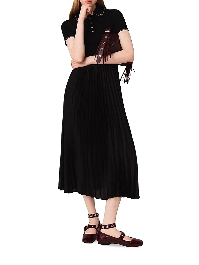 Pleated maxi dress with polo collar