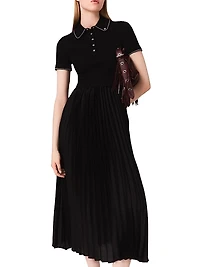 Pleated maxi dress with polo collar