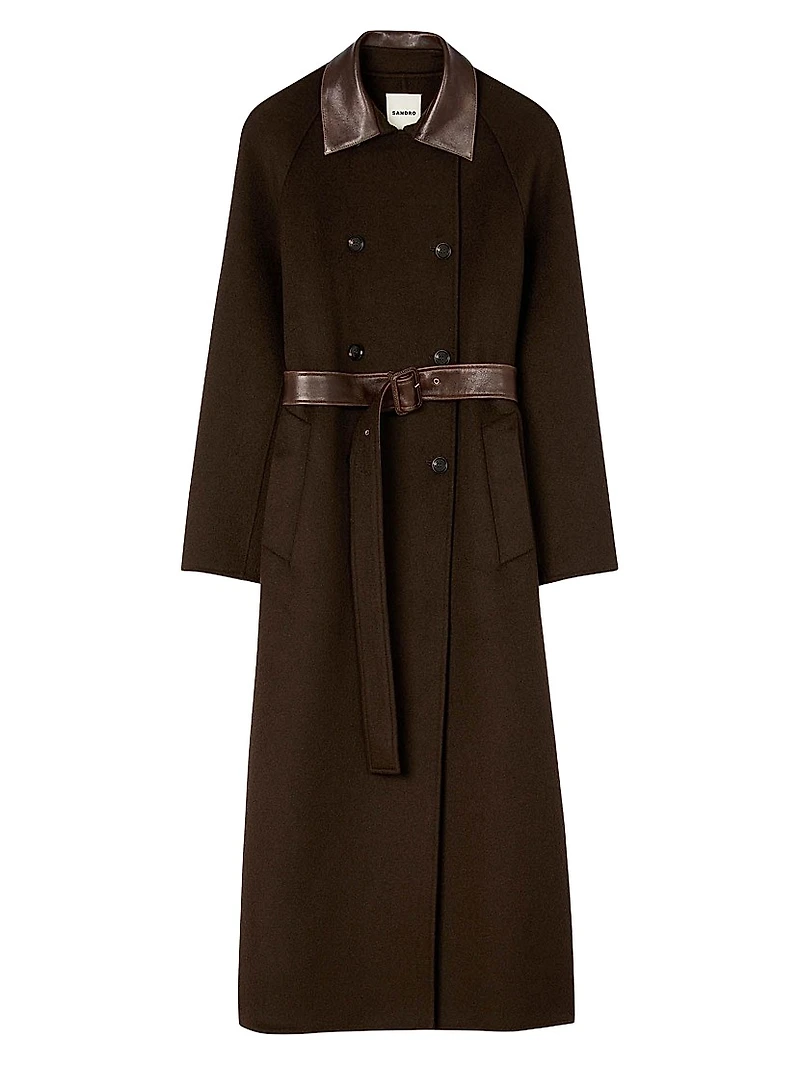 Long Wool and Leather Coat