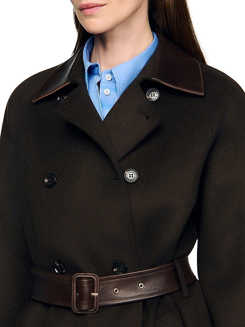 Long Wool and Leather Coat