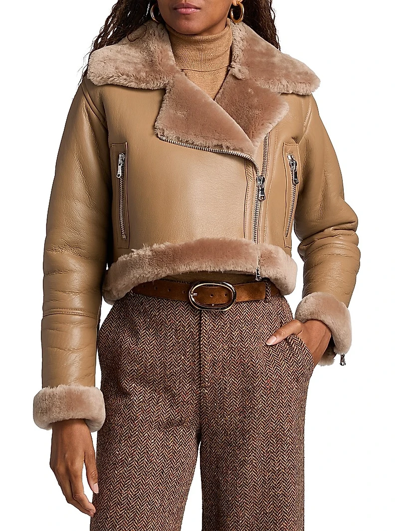Pike Shearling-Trim Leather Crop Jacket