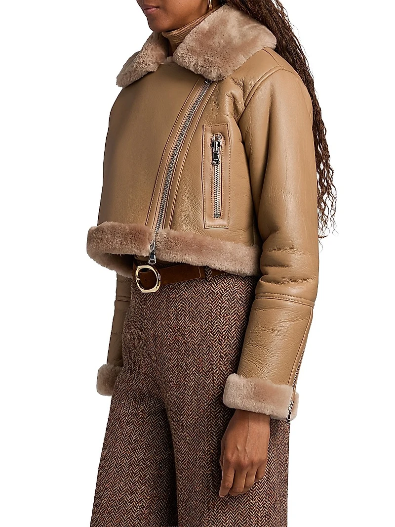 Pike Shearling-Trim Leather Crop Jacket
