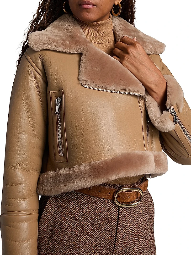 Pike Shearling-Trim Leather Crop Jacket