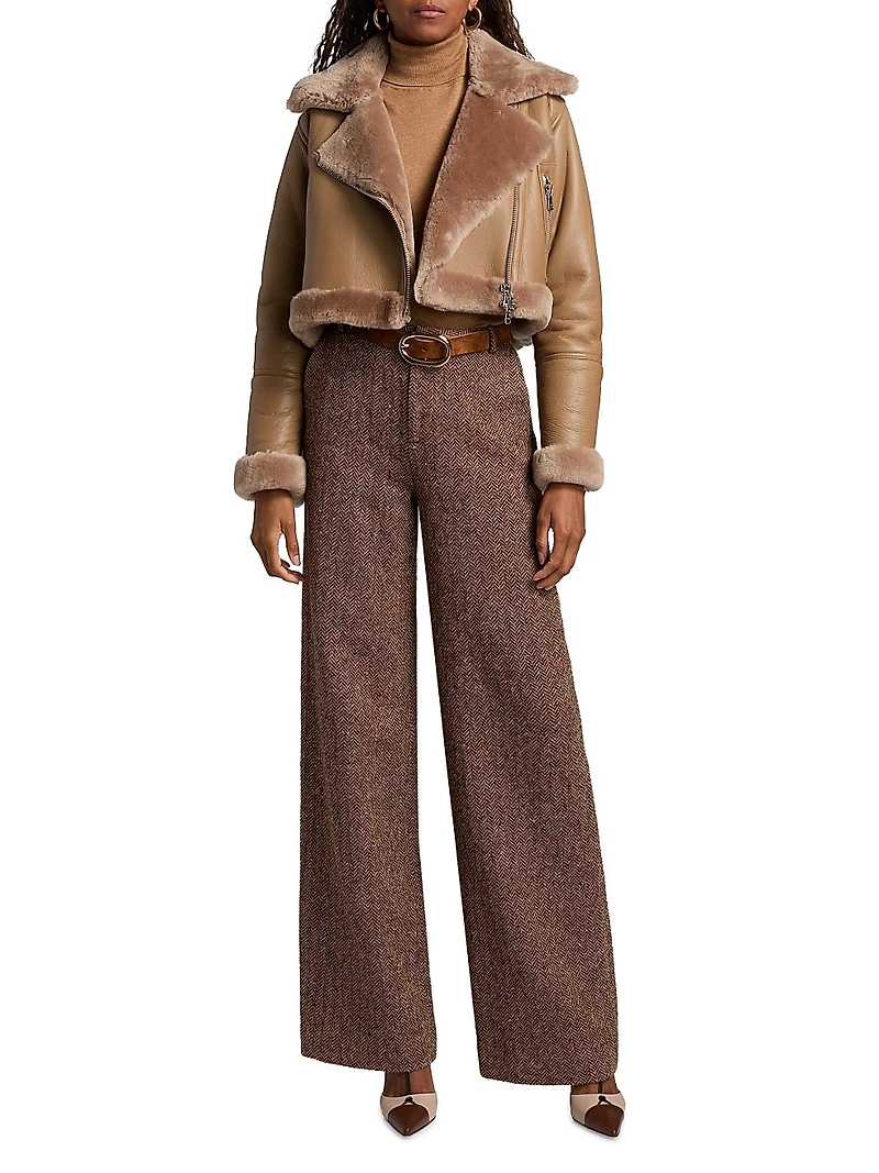 Pike Shearling-Trim Leather Crop Jacket