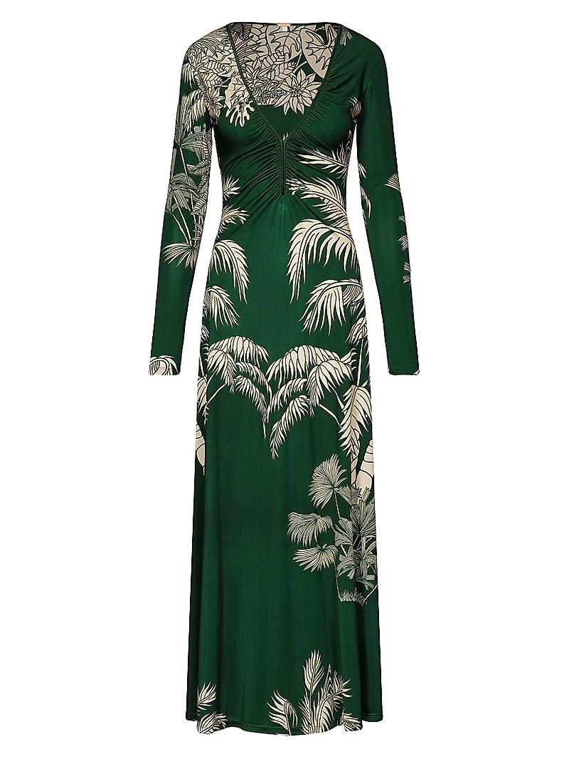 Candelaria Alma Bordada Leaf-Print Maxi Dress