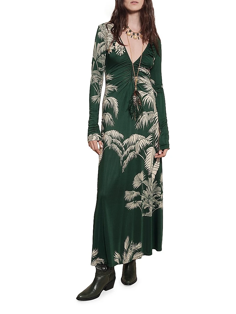 Candelaria Alma Bordada Leaf-Print Maxi Dress