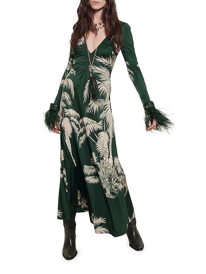 Candelaria Alma Bordada Leaf-Print Maxi Dress