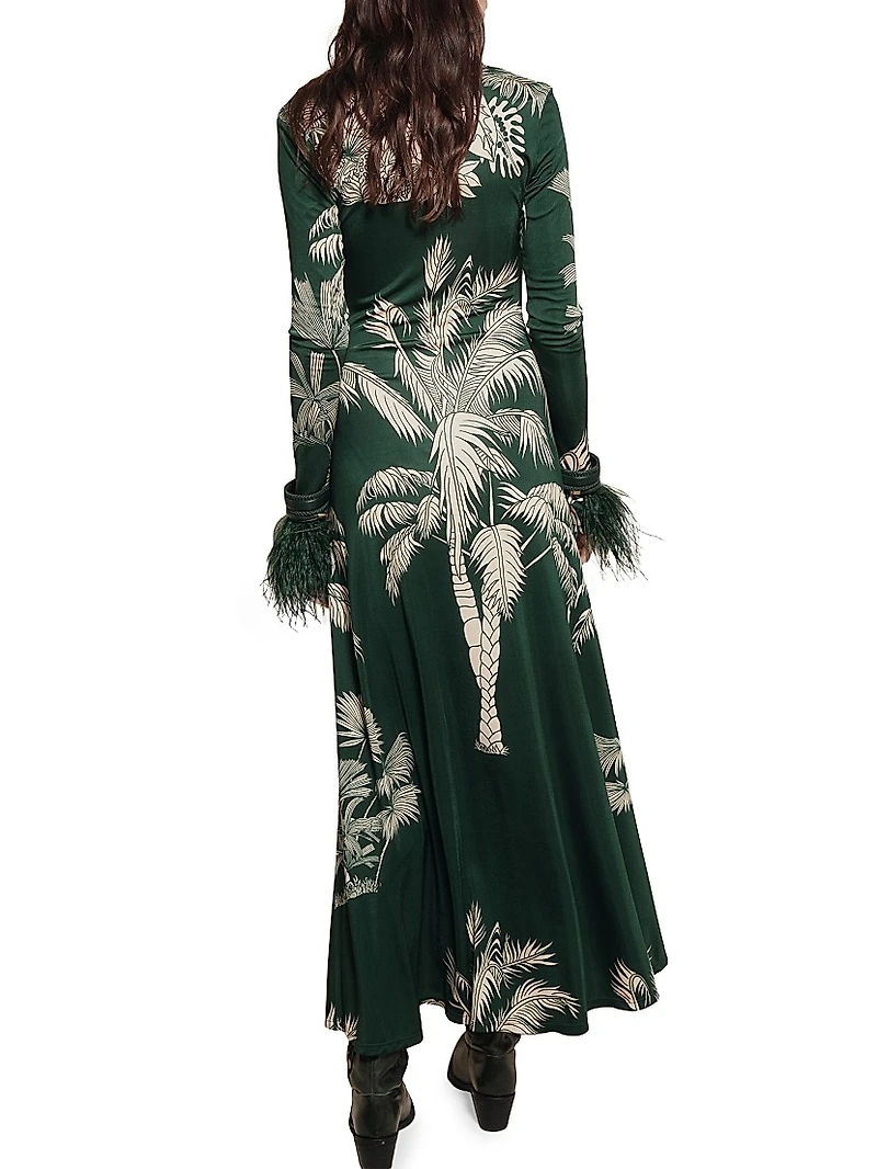 Candelaria Alma Bordada Leaf-Print Maxi Dress