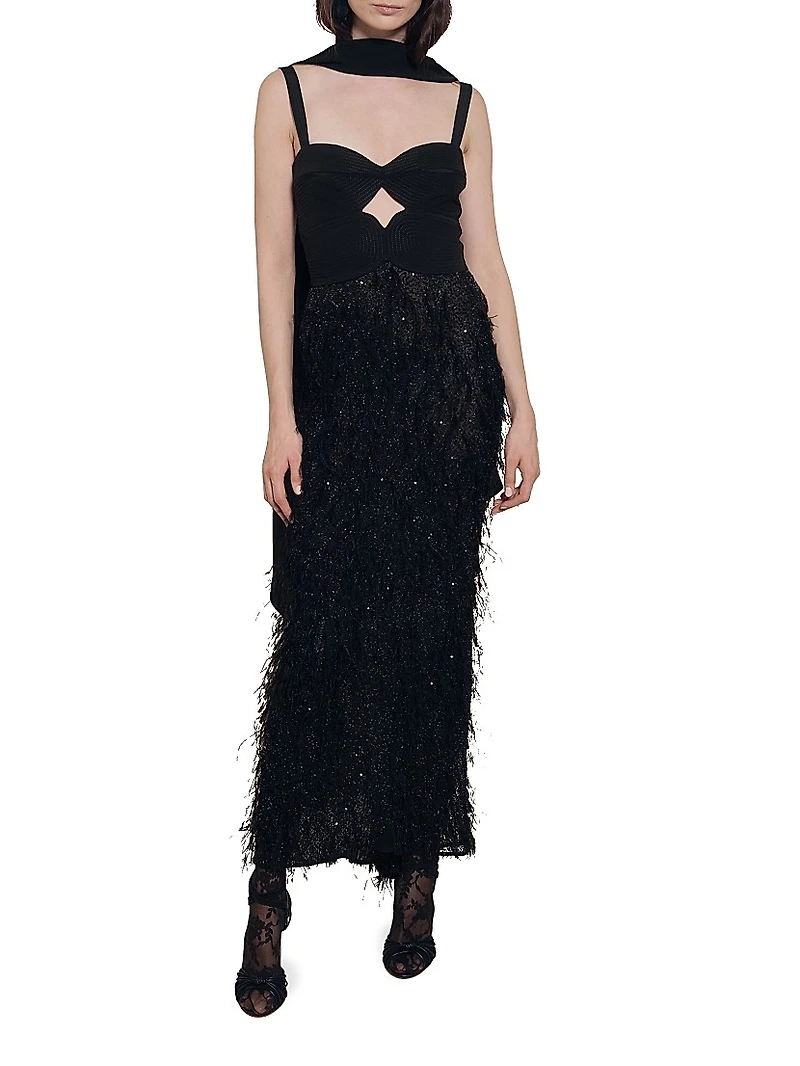 Candelaria Sequined & Feather Maxi Dress