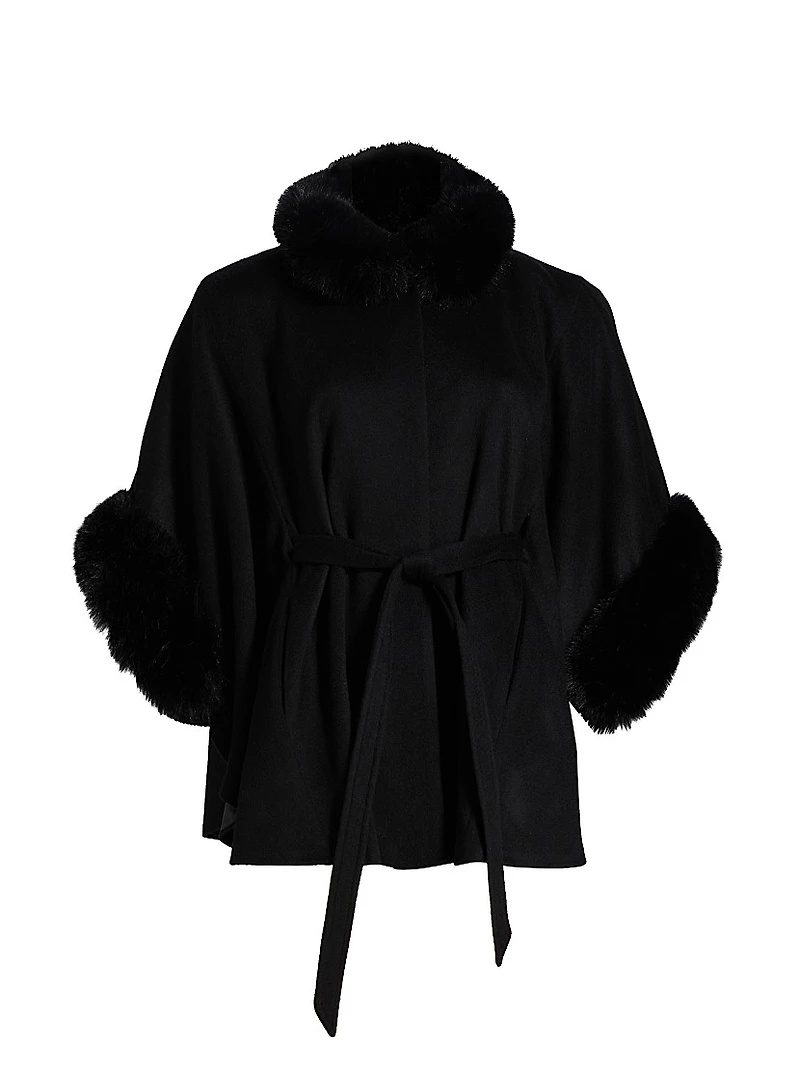 Faux-Fur Cashmere Belted Cape