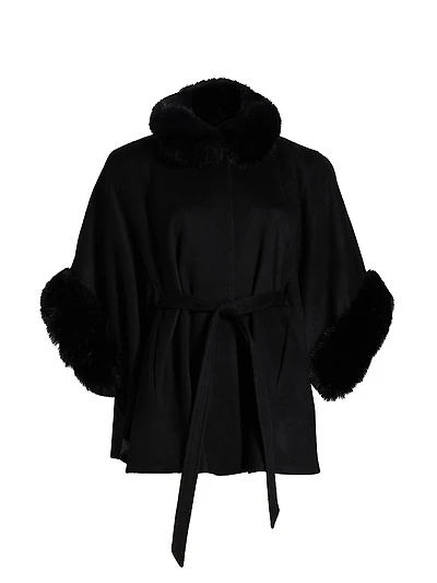 Faux-Fur Cashmere Belted Cape