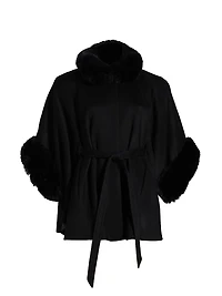 Faux-Fur Cashmere Belted Cape