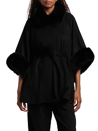 Faux-Fur Cashmere Belted Cape