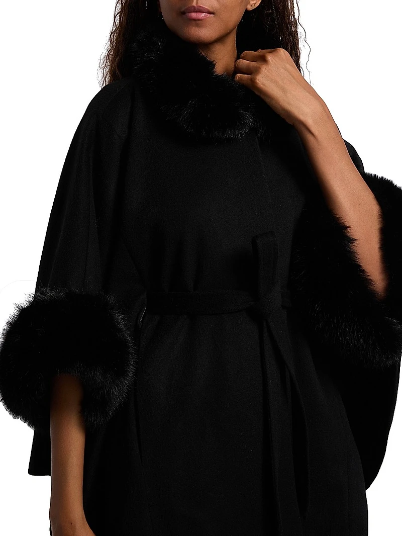 Faux-Fur Cashmere Belted Cape