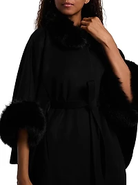 Faux-Fur Cashmere Belted Cape