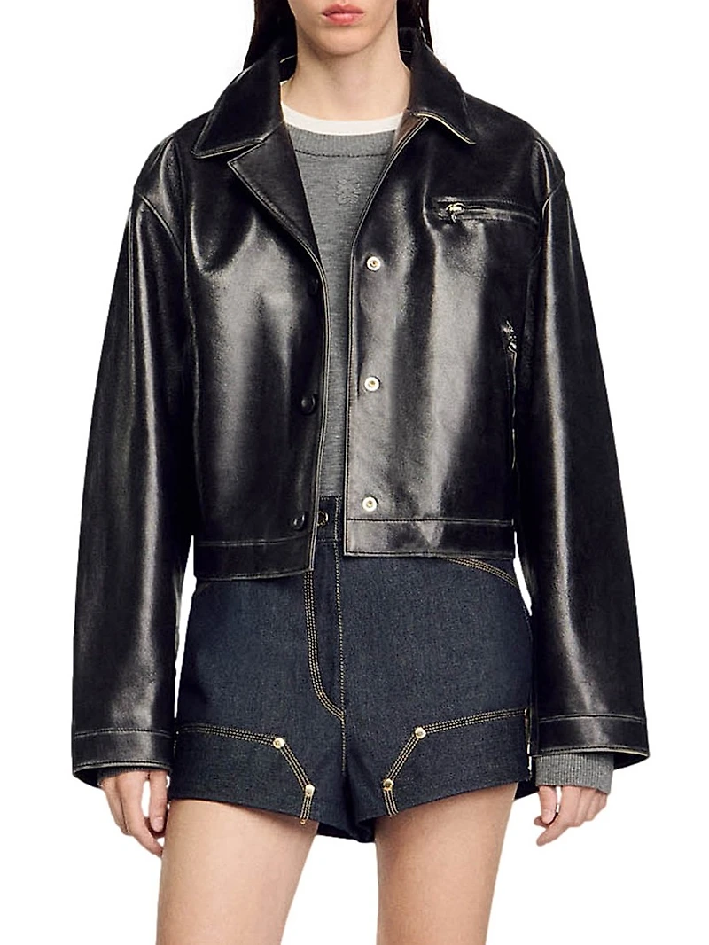 Distressed Cropped Leather Jacket