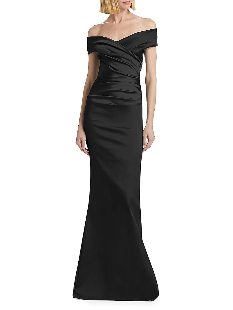 Off-The-Shoulder Ruched Satin Gown