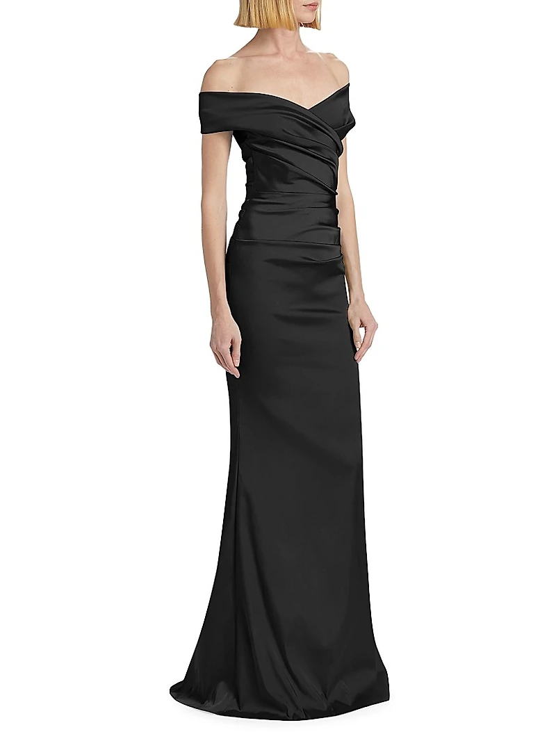 Off-The-Shoulder Ruched Satin Gown
