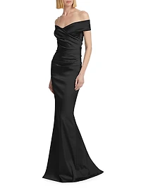 Off-The-Shoulder Ruched Satin Gown