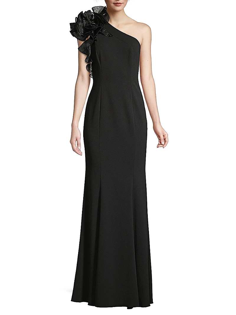 Organza Ruffle One-Shoulder Gown