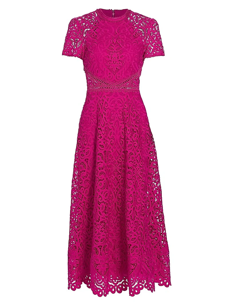Lace Short-Sleeve A-Line Midi Dress
