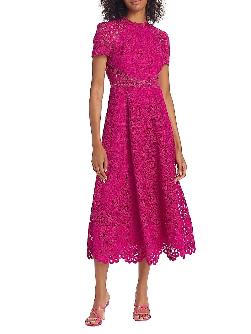 Lace Short-Sleeve A-Line Midi Dress