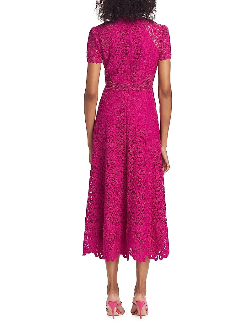 Lace Short-Sleeve A-Line Midi Dress
