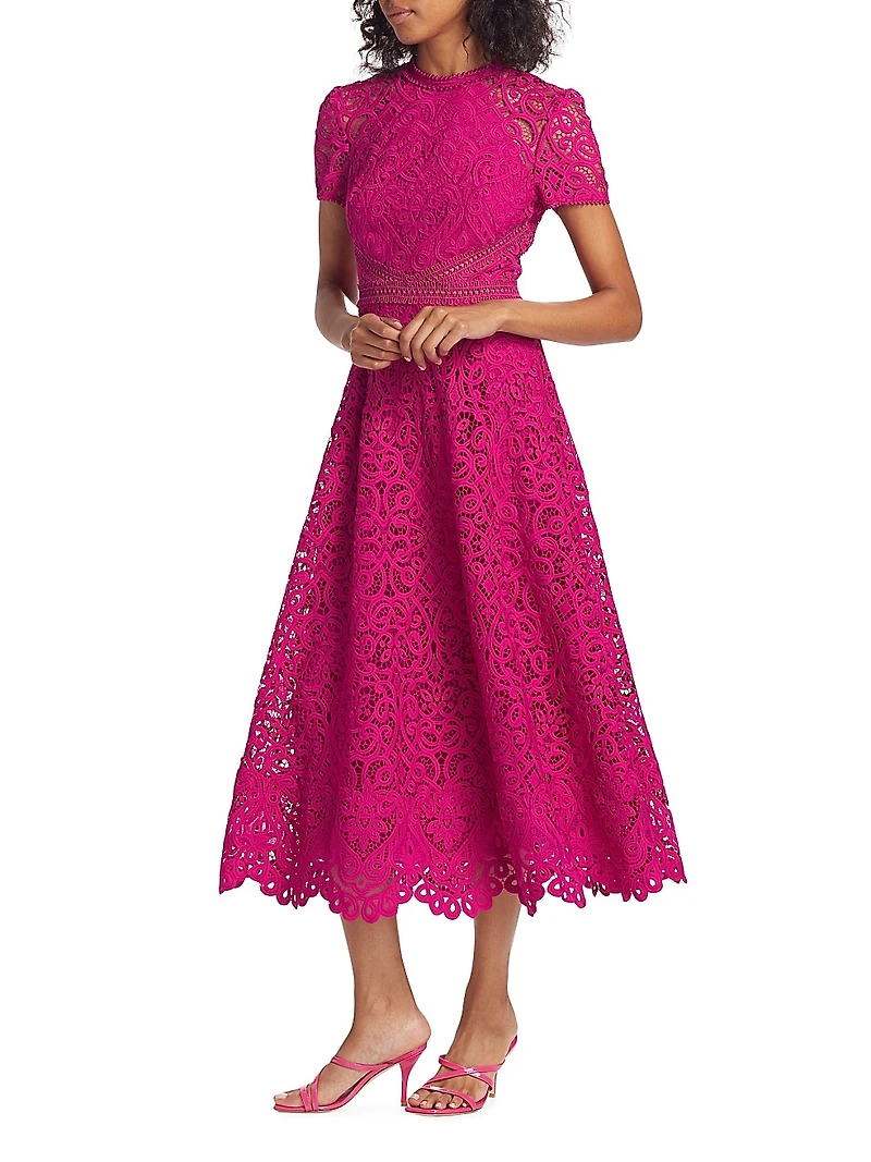 Lace Short-Sleeve A-Line Midi Dress