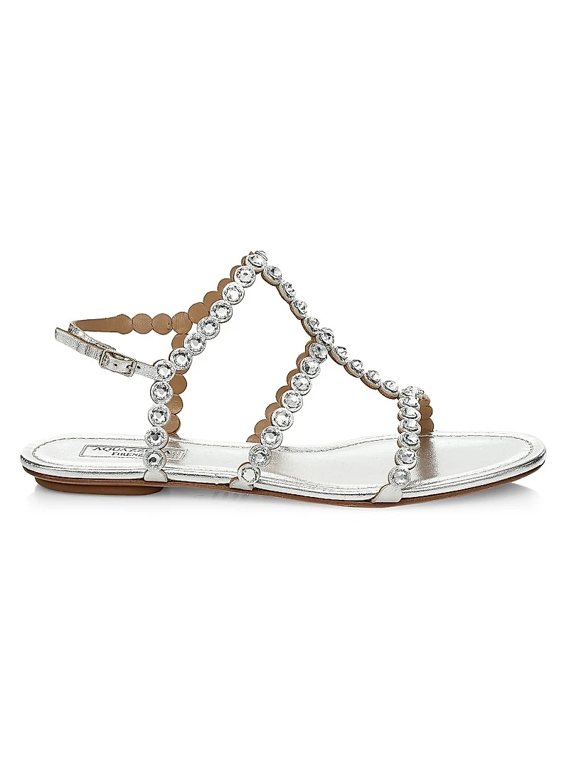 Tequila Crystal-Embellished Metallic Leather Flat Sandals