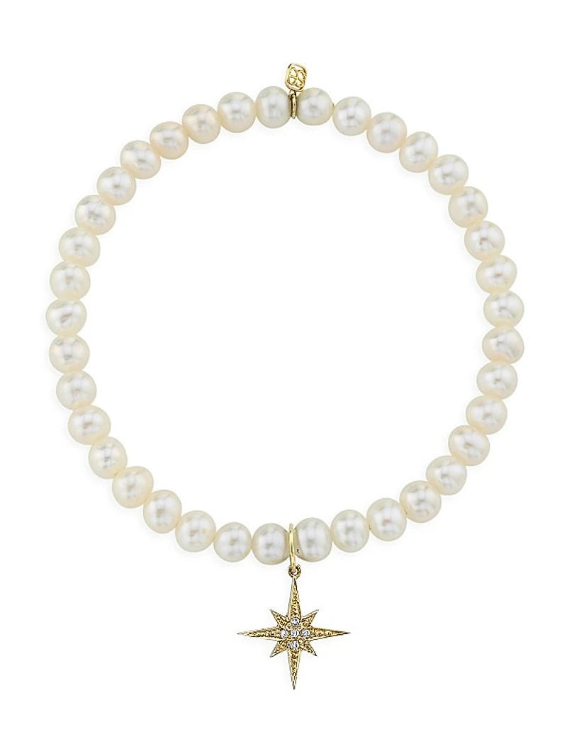 14K Yellow Gold, 5MM Pearl & Diamond Starburst Charm Bracelet