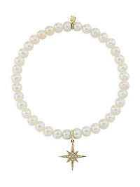 14K Yellow Gold, 5MM Pearl & Diamond Starburst Charm Bracelet