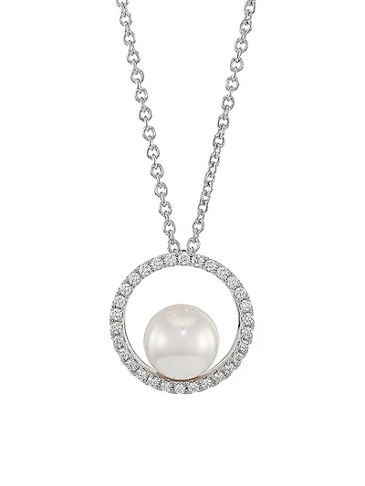 Japan 18K White Gold, 7MM White Cultured Akoya Pearl & Diamond Pendant Necklace