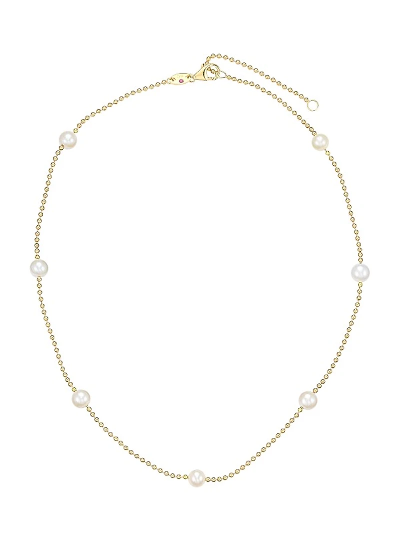 18K Yellow Gold & 4MM Pearl Station Beaded Chain Necklace