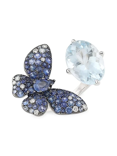 Butterfly 18K White Gold, Aquamarine, Blue Sapphire & White Diamond Ring