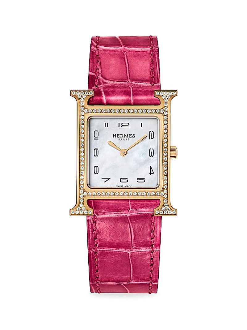 Heure H 18K Rose Gold, 0.45 TCW Diamond & Alligator Strap Watch/26MM